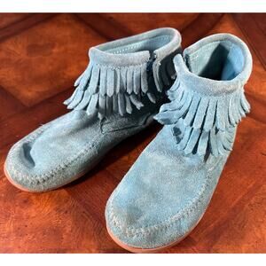 Minnetonka Moccasin Double Fringe Side Zip Western Boots Turquoise Girls Size 3